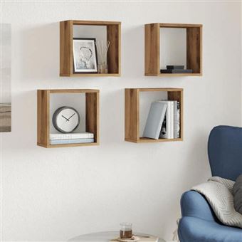 4 Étagères Cube Murales Chêne Artisanal Bois Ingénierie - Rangement Flottant Moderne