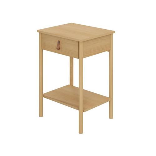 Table de Chevet 1 tiroir - Bois et melamine avec poignee en cuir - L 48 x P 40 x H 69 cm