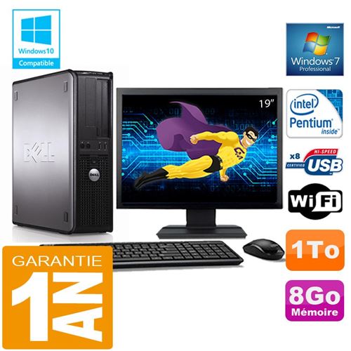 PC Dell 380 Dt Intel E5300 Ram 8Go Disque 1 To WiFi W7 Ecran 19'