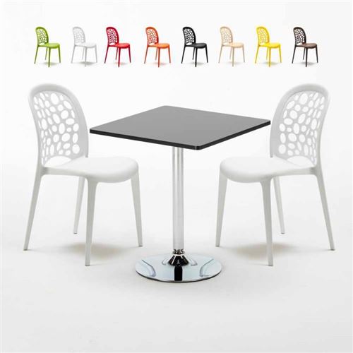 Table Carrée Noire 70x70cm Avec 2 Chaises Colorées Set Intérieur Bar Café WEDDING Mojito, Couleur: Blanc