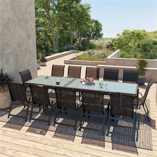 Avril Paris - Table de jardin extensible aluminium 200/320cm + 12 fauteuils empilables textilène Noir - FARO 12