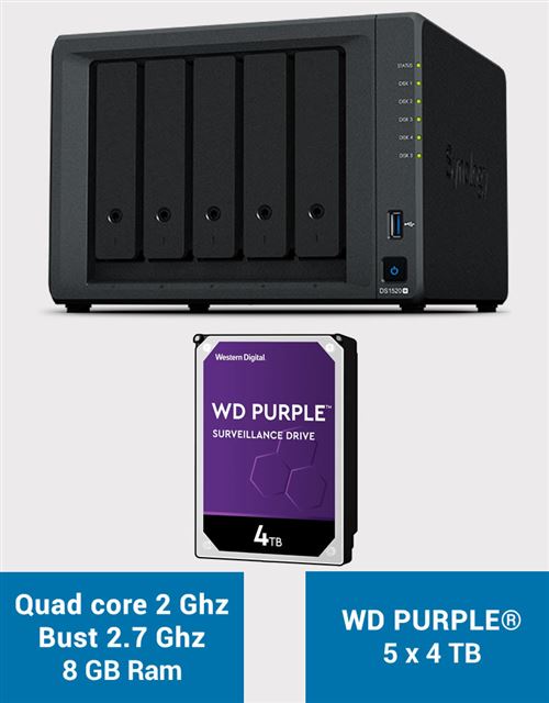 Synology DS1520+ 8GB Serveur NAS WD PURPLE 20To (5x4To)
