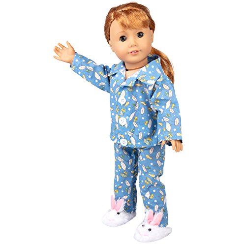 Dress Along Dolly Blue Pajamas Doll Clothes - Rainy Day Set with Bunny Slippers Outfit - 3pcs outfit