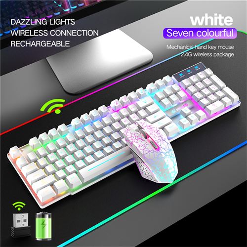 Ensemble clavier/souris T3 mécanique de jeu sans fil 2.4G rechargeable  lumineux -blanc - Ensemble clavier/souris