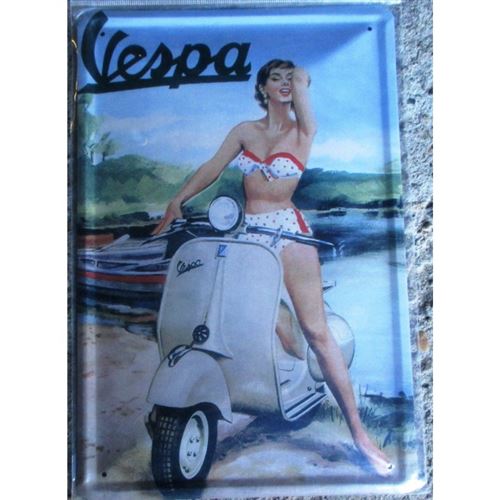 plaque vespa pin up brune 30cm tole deco bombée garage