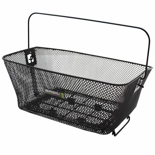 Panier arriere acier nid abeille basil como noir avec anse fixation etau sur porte-bagage (41x31x18cm)