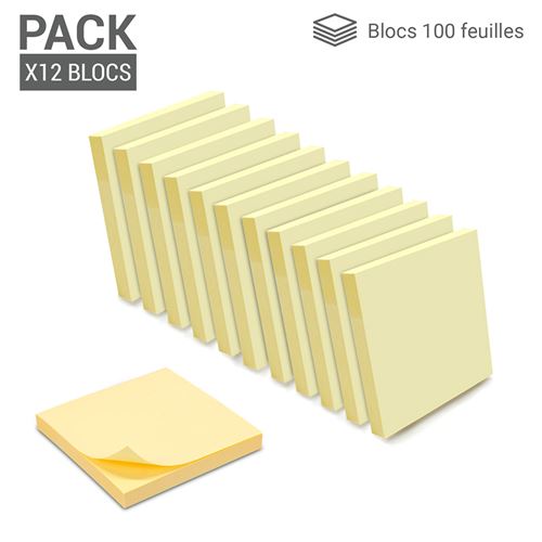 1200 Notes autocollantes repositionnables 12 blocs de 100 feuillets 75 x 75 mm jaune