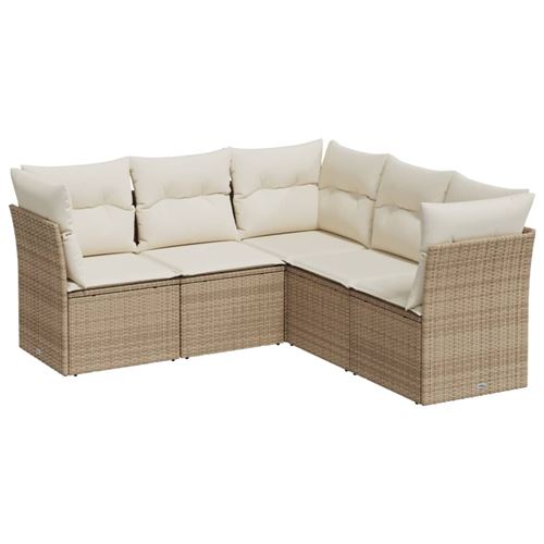 Salon de jardin avec coussins 5 pcs beige r&eacute;sine tress&eacute;e 