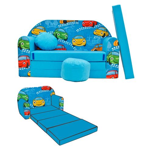 WELOX NINO Canapé convertible lit pour enfant avec pouf et coussin OEKO-TEX Voitures bleu