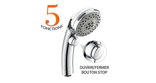 Pommeau de douche chromé avec bouton stop douchette à main 5 jets au choix pomme de douche picots anticalaire type universel