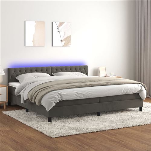 vidaXL Sommier tapissier matelas et LED Gris foncé 200x200 cm Velours