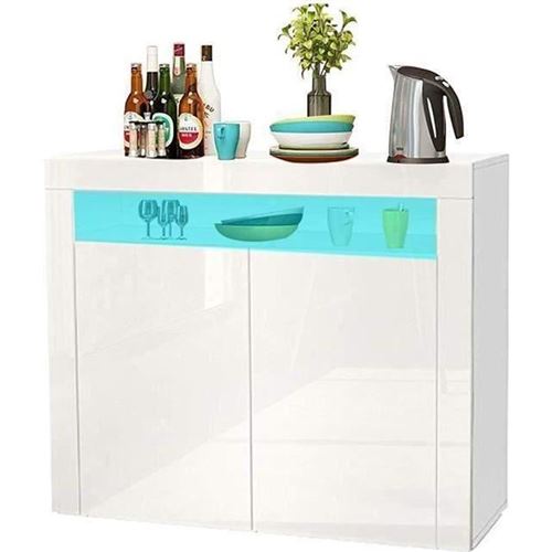 Buffet Bas LED Contemporain Blanc Laqué Brillant - L 108 cm x 40 cm x 92 cm - 2 portes, Armoire de Rangement