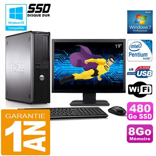 PC Dell 380 Dt Intel E5300 Ram 8Go Disque 480 Go SSD WiFi W7 Ecran 19'
