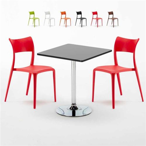 Table Carrée Noire 70x70cm Avec 2 Chaises Colorées Set Intérieur Bar Café Parisienne Mojito, Couleur: Rouge