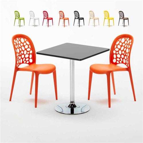 Table Carrée Noire 70x70cm Avec 2 Chaises Colorées Set Intérieur Bar Café WEDDING Mojito, Couleur: Orange