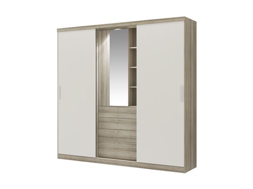 Armoire BODIL - portes coulissantes - Miroir et tiroirs - L240cm - Chêne et ivoire