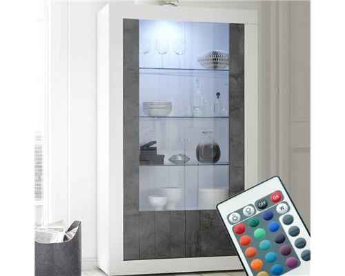Vaisselier lumineux blanc et effet béton gris foncé moderne MABEL 6