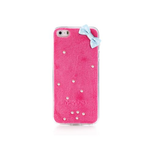 Coque souple tissu rose noeud bleu et perles pour iPhone 5 / 5S