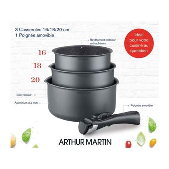 Batterie de cuisine ARTHUR MARTIN AM777GM Set de 3 casseroles - Gris Mat 16-18-20 cm + 1 poignée amovible - Tous feux dont indu