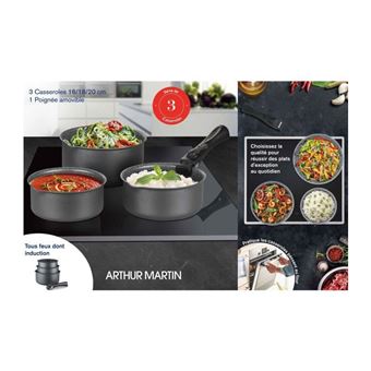 Batterie de cuisine ARTHUR MARTIN AM777GM Set de 3 casseroles - Gris Mat 16-18-20 cm + 1 poignée amovible - Tous feux dont indu