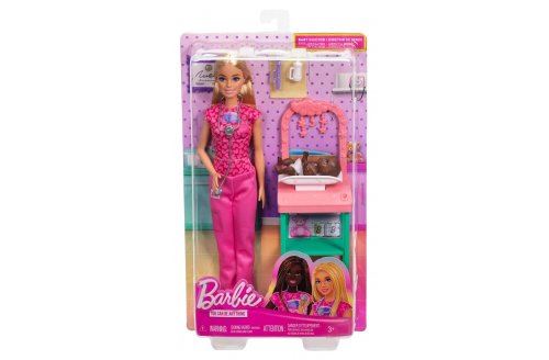 Coffret barbie pediatre - poupee blonde  bebe  accessoires - metier medical docteur  medecin - set jouet enfants et carte