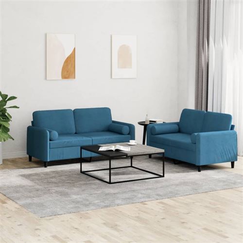 Non Communiqué Bleu Ensemble De Canapés 2 Pcs Avec Coussins Velours