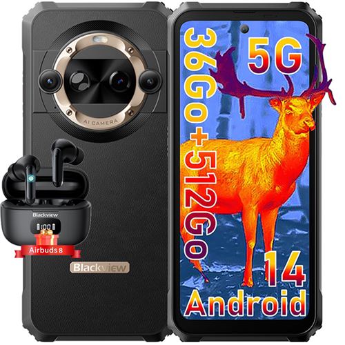 Blackview BL9000 Pro Android 14 Smartphone Incassable 5G,36Go+512Go,6.78 FHD+/8800mAh+120W/FLIR/Dual SIM/50MP/NFC Or avec Blackview Airbuds 8