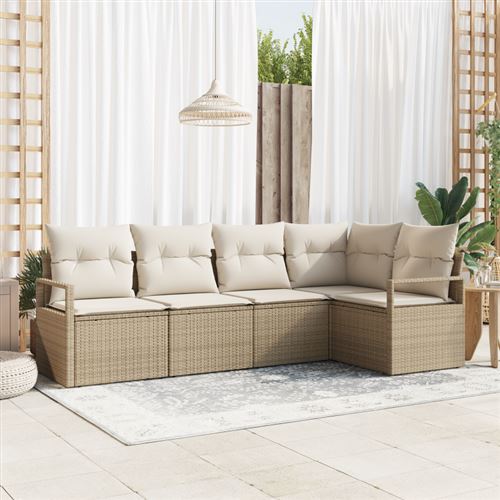 Ensemble de canapé de jardin de 5 pièces avec coussins beige en rotin synthétique, Canapé de jardin de 2 places avec coussins b