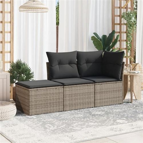 Salon de jardin vidaXL avec coussins, 3 pcs - Gris - R&eacute;sine tress&eacute;e
