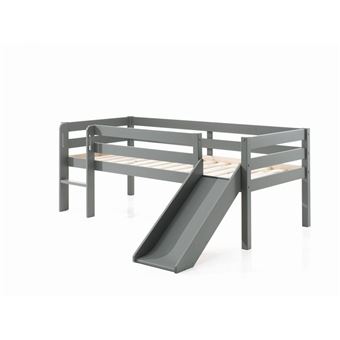 lit mi-hauteur gris + toboggan, 2 tiroirs de rangement et tablette penderie - 1