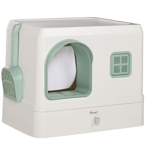 Maison de toilette chat design maisonnette - pelle, 2 désodorisants, plateau coulissant intégrés - blanc vert