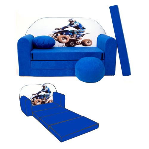 WELOX NINO Canapé convertible lit pour enfant avec pouf et coussin OEKO-TEX Quad bleu
