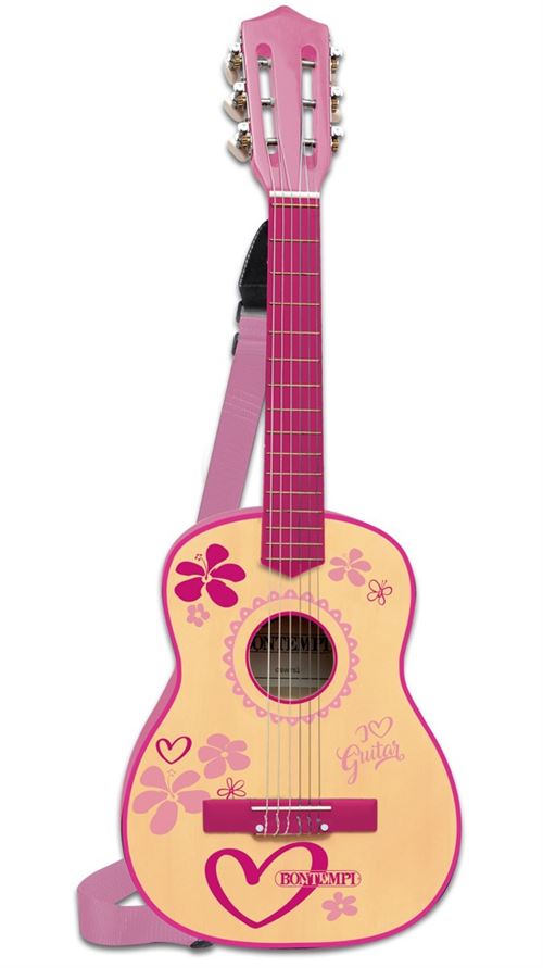 Bontempi guitare en bois avec 6 cordes et bandoulière 75 cm rose