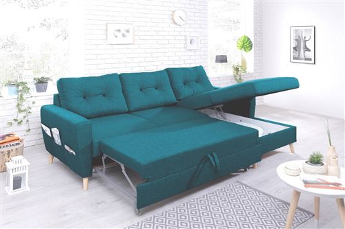750 99 Sur Oslo Canape D Angle Droit Convertible Bleu Canard