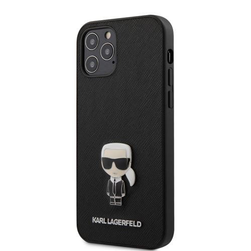 Karl - Coque en Cuir synthétique Saffiano avec Broche en métal pour iPhone 12 Max/Pro Noir