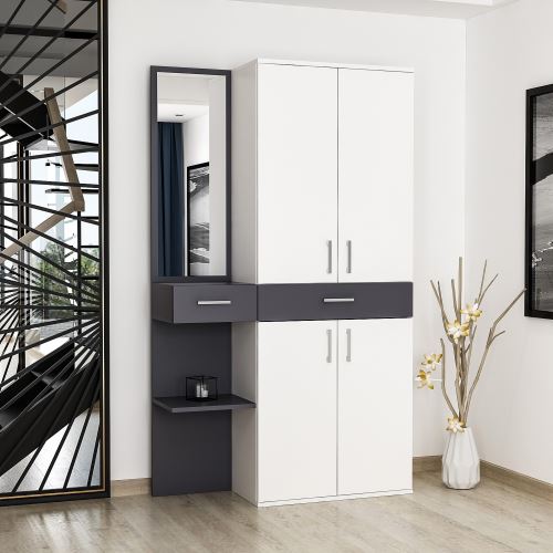 HOMEMANIA Vestiaire - Meuble d’Entree Cersei Armoire - avec Miroir, Portes, Tiroir, Étagères - Blanc, Anthracite en Bois, 105 x 35 x 180 cm