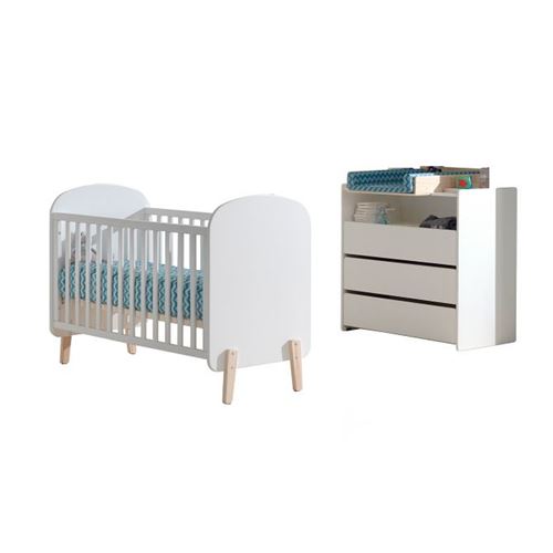 Lit b&eacute;b&eacute; 60x120 - commode 3 tiroirs et plan &agrave; langer kiddy - blanc