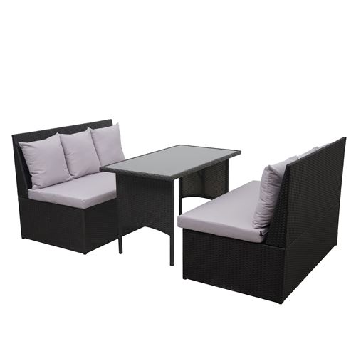 Garniture polyrotin MENDLER HWC-G16, 2x canapé 2 places, table noir, coussin gris clair