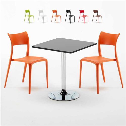 Table Carrée Noire 70x70cm Avec 2 Chaises Colorées Set Intérieur Bar Café Parisienne Mojito, Couleur: Orange