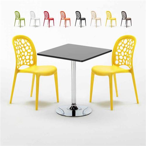 Table Carrée Noire 70x70cm Avec 2 Chaises Colorées Set Intérieur Bar Café WEDDING Mojito, Couleur: Jaune