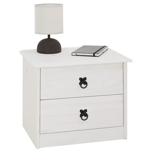 Table de chevet en pin RESIDENCIA style mexicain, 2 tiroirs, lasuré blanc