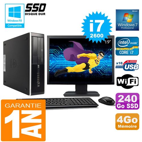 Pc hp compaq 8300 sff core i7-2600 ram 4go disque 240 go ssd wifi w7 ecran 19'