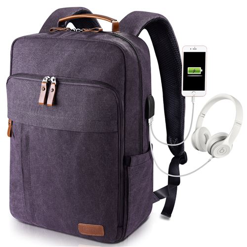 Estarer Sac à Dos Ordinateur Portable 17-17.3 Pouces en Toile Vintage avec Port de Chargeur USB Externe pour Travail Ecole Gris