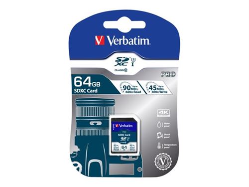 Verbatim PRO - Carte mémoire flash - 64 Go - UHS Class 3 / Class10 - 300x/600x - SDXC UHS-I
