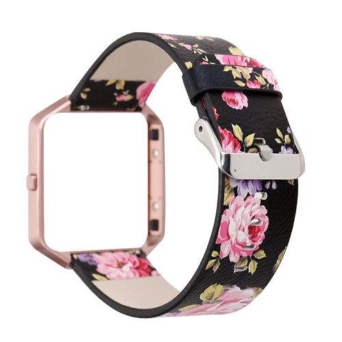 Bracelet en cuir motif de fleurs avec coque de protection pour Fitbit Blaze - Rose&Noir