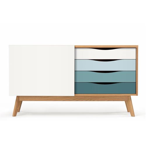 Paris Prix - Buffet 4 Tiroirs & 1 Porte avon 128cm Chêne & Turquoise
