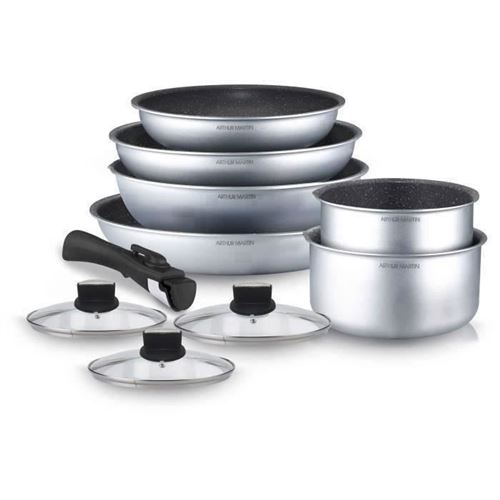 Batterie De Cuisine Arthur Martin Am167S 10 Pieces - Aluminium - Poignée Amovible - Tous Feux Dont Induction