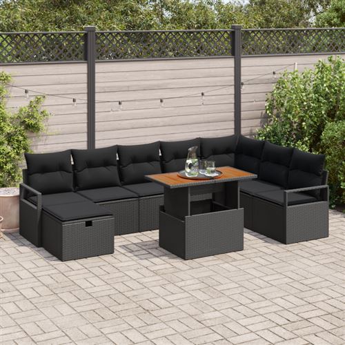 Non Communiqué Noir Canapé De Jardin 9 Pièces Avec Coussins En Poly Rotin, Canapé De Jardin 2 Places En Poly Rotin