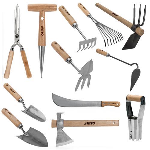 Kit 12 outils de jardin VITO Manche bois Inox et Fer forgés à la main haute qualité traditionnelle