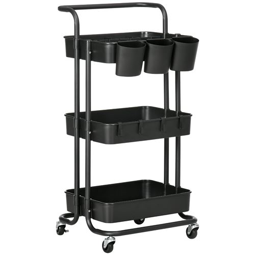 Carrito HOMCOM de 3 niveles con ruedas, estante de almacenamiento con 4 ganchos y 3 cajas colgantes extraíbles para baño, cocina, escritorio 42x38 x cm-Negro